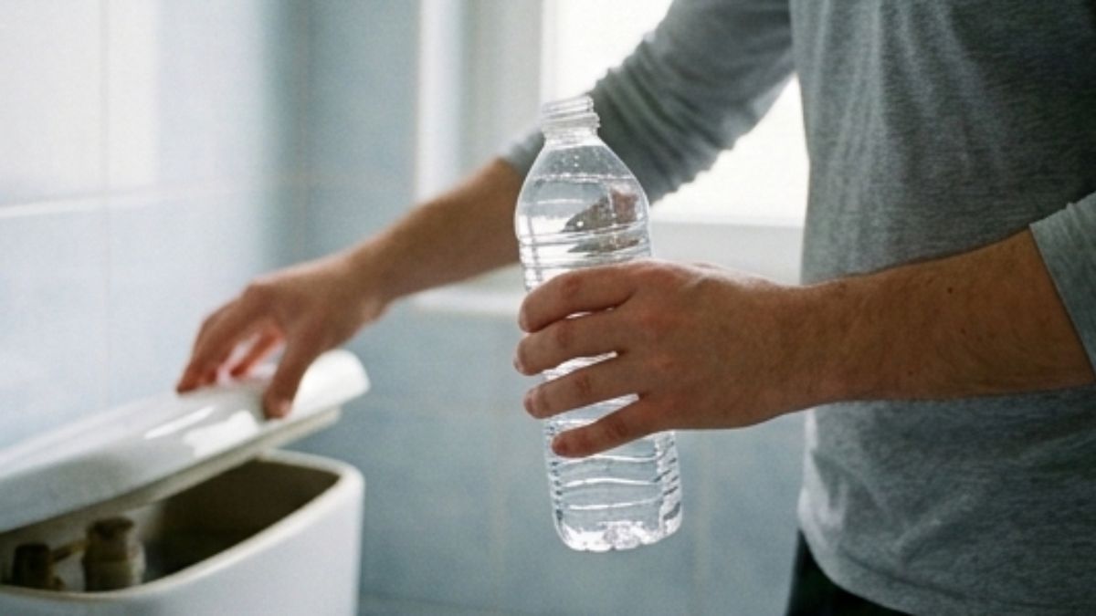 Uma garrafa plástica preenchida com água ocupa espaço na caixa acoplada e reduz o volume liberado a cada descarga, sem necessidade de reformas ou custos adicionais