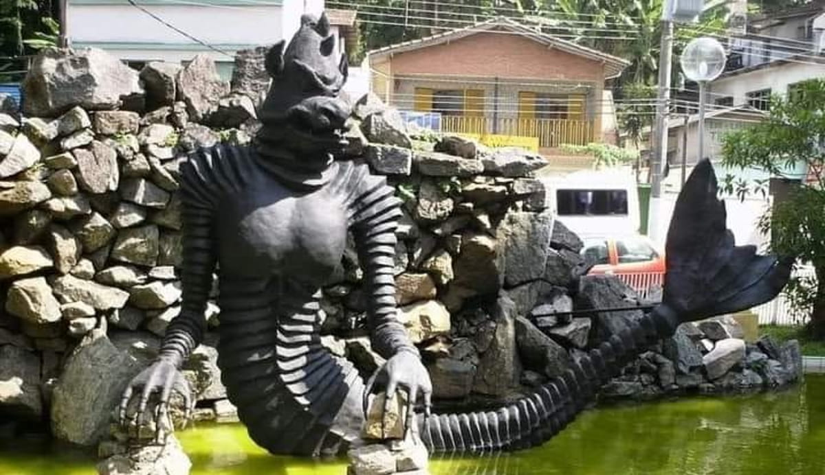 O monstro soltava gritos estranhos e possuía uma aparência aterrorizante: corpo coberto de pelos, focinho com bigodes e pés em formato de barbatanas