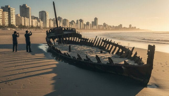 O fenômeno faz aparecer uma antiga carcaça de navio na praia