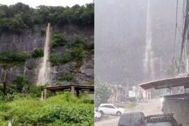 Imagens registradas por moradores mostram um grande volume de água descendo os morros com força de uma 'cachoeira'
