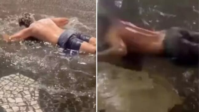 Em Santos, um grupo de calouros foi flagrado 'nadando' em uma poça de água no meio da rua durante um trote universitário