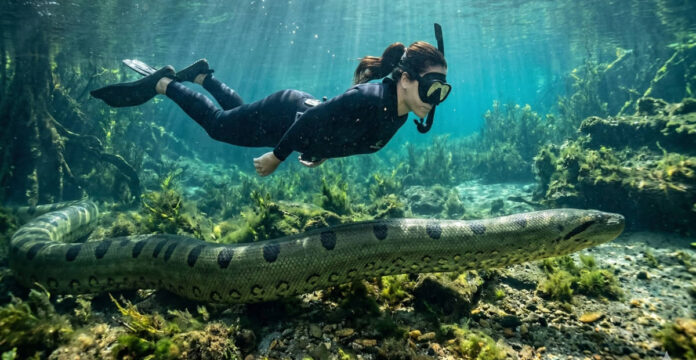 Turista nada perto de uma anaconda, que não oferece perigo (desde que não seja provocada)
