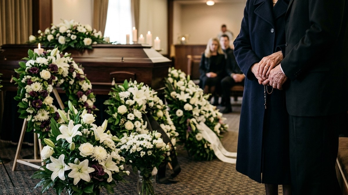 Cenário de um velório tradicional com todos de preto e flores no ambiente
