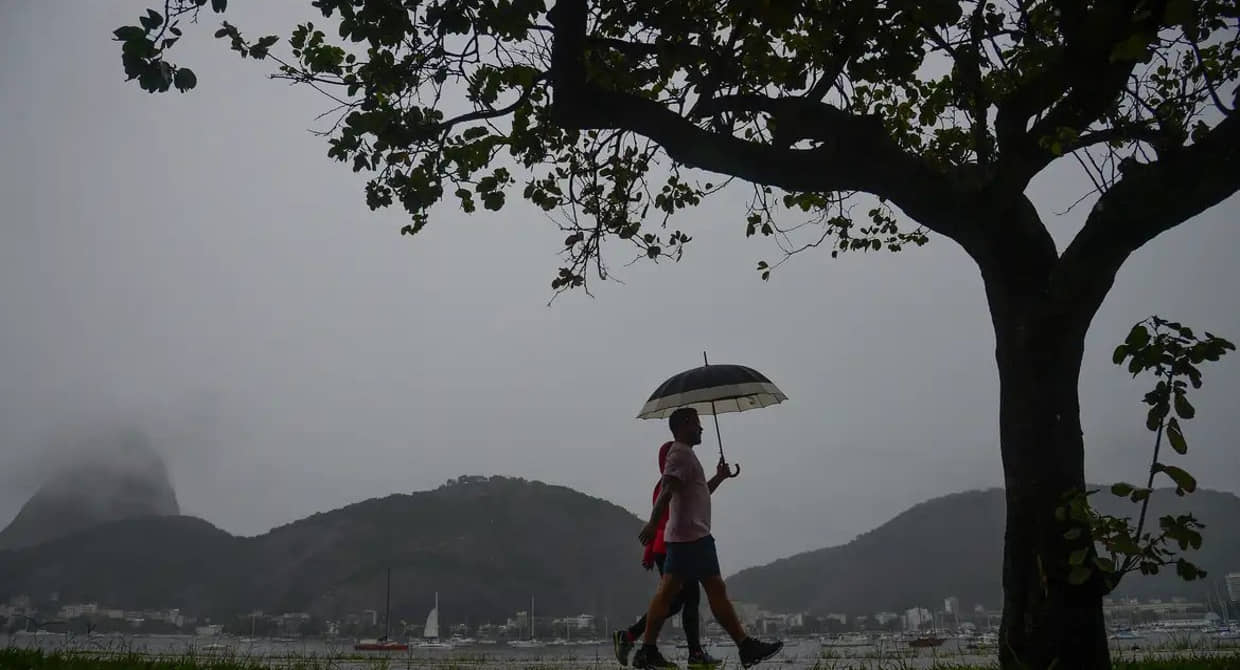 Pessoas caminham na orla do Rio de Janeiro em dia de céu nublado e chuva na cidade