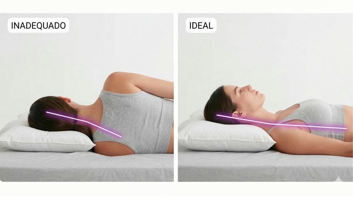 Confira a diferença visual entre um apoio inadequado e a altura ideal do travesseiro para proteger o seu pescoço