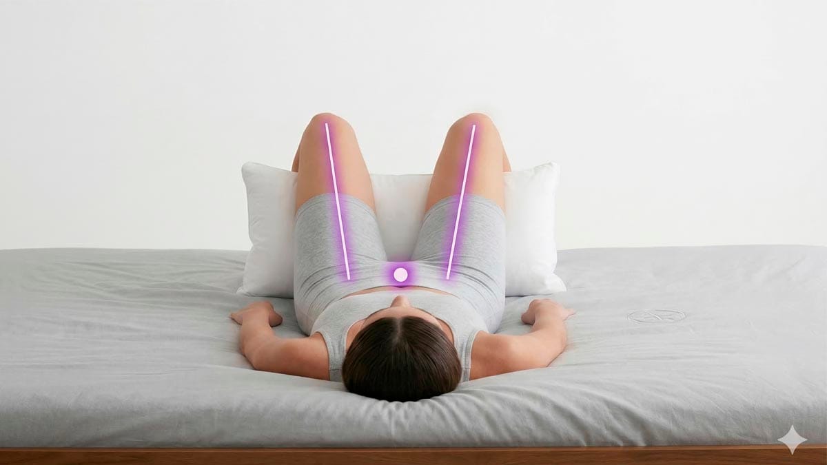 Um simples travesseiro sob os joelhos é o segredo para alinhar a pelve e relaxar a lombar ao dormir de barriga para cima
