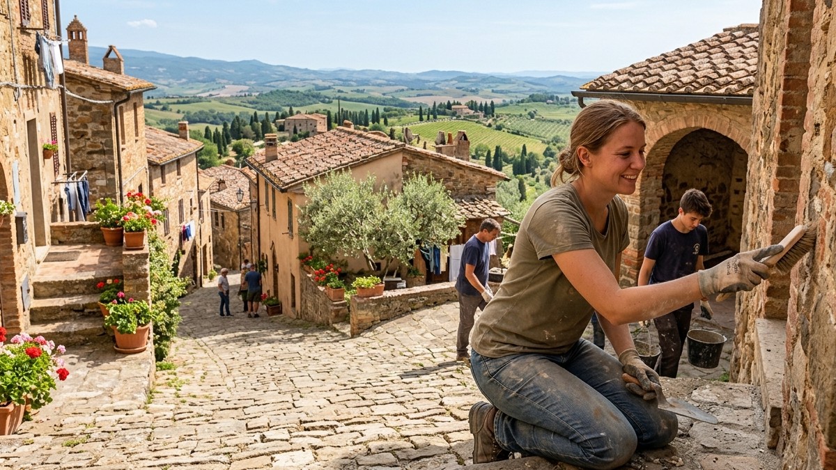 Voluntária pinta casarão histórico em vila antiga italiana