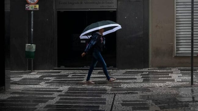 Mulher caminha de guarda-chuva em tarde úmida e cinza