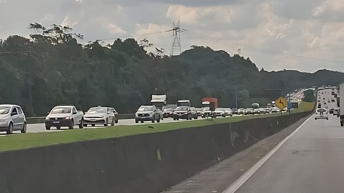 Com a estimativa de 16 milhões de veículos circulando pelas rodovias de SP, o "ninho" de carros já se formou na descida para o Litoral (Alexandre Bueno/DL)