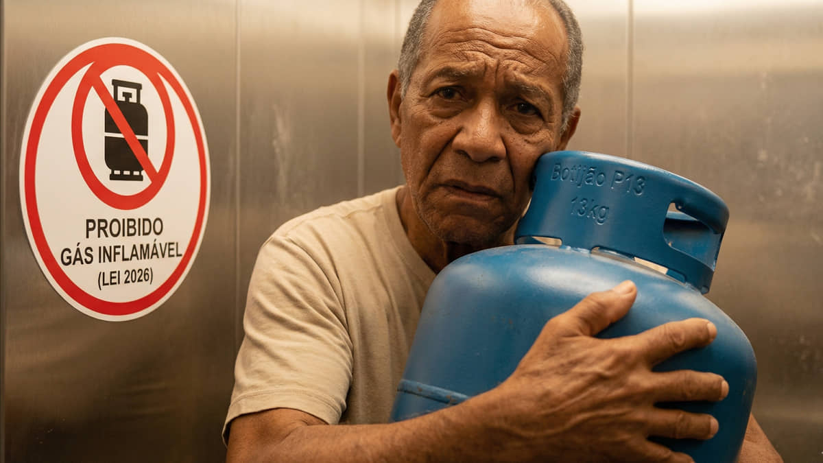 Ilustração conceitual gerada por Inteligência Artificial representando a difícil despedida do tradicional botijão azul em novos prédios