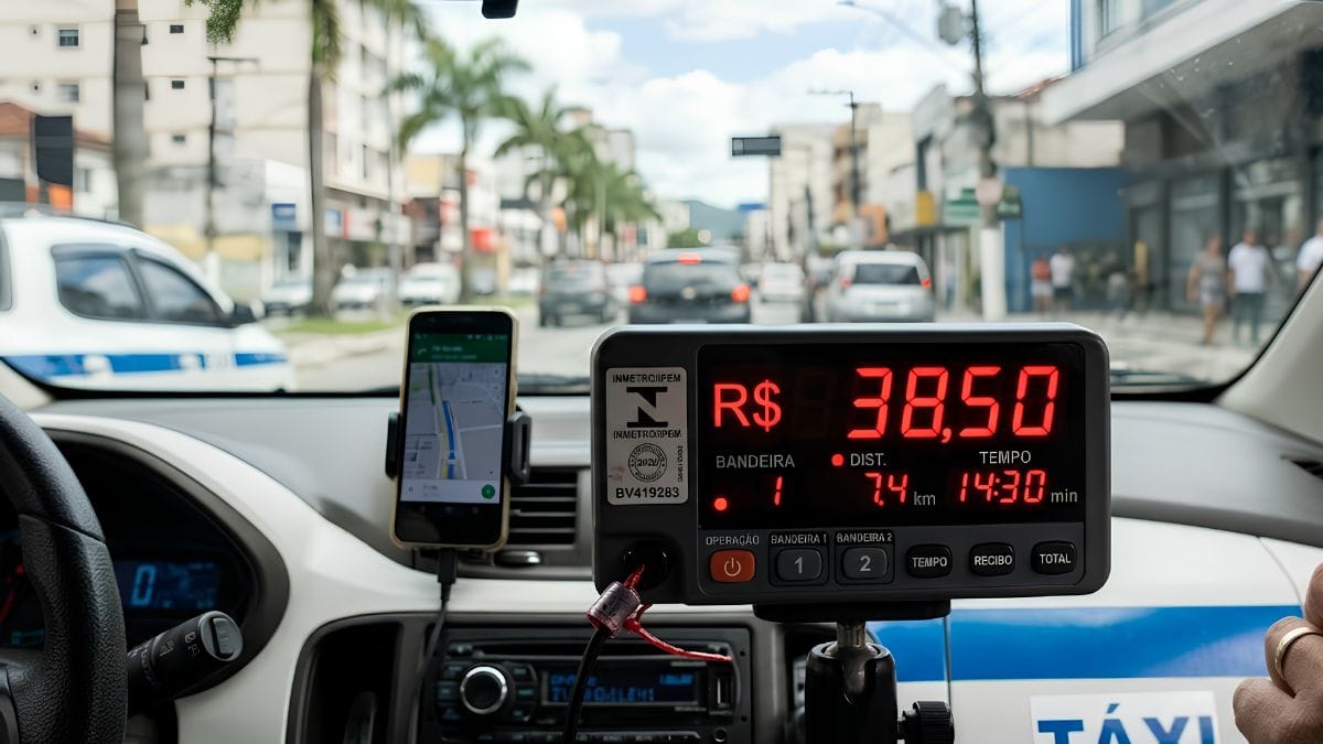 O taxímetro utiliza um sistema de medição dual que calcula o valor da corrida por distância e tempo; o lacre do Inmetro é obrigatório para garantir a segurança do passageiro (Google Gemini/Imagem Gerada por IA)