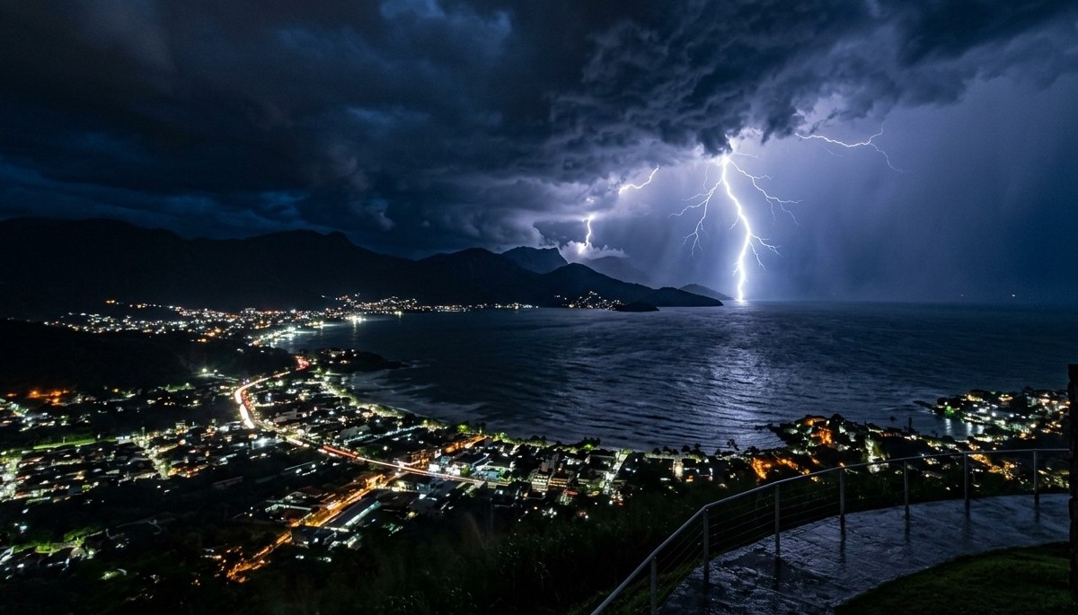 Frente fria chegando durante a madrugada no litoral de SP com muitos raios