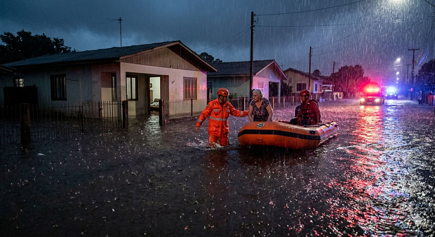 No Sul, chuvas torrenciais e enchentes trazem destruição - Foto ilustrativa gerada por IA/Gemini