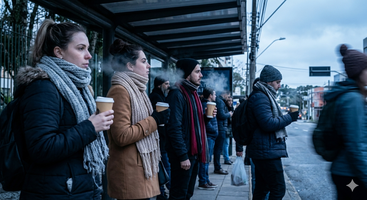 Curitibanos bundled up: Vapor da respiração no Jardim Botânico - Imagem gerada por IA