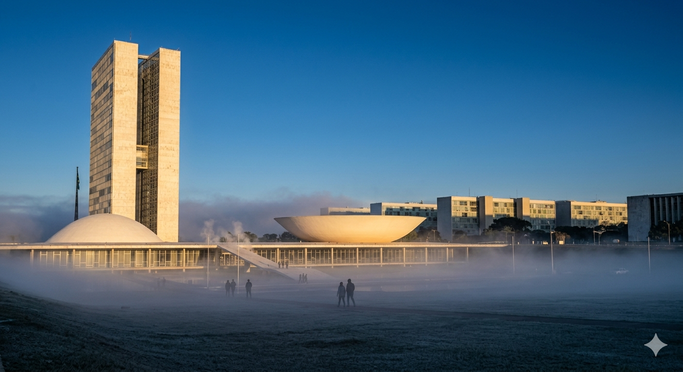 Brasília: Rara névoa e vapor na Esplanada sob ar polar - Imagem gerada por IA