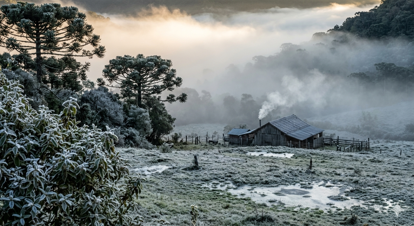 Amanhecer gelado no RS: Geada cobre araucárias e campo em Aparados - Imagem gerada por IA