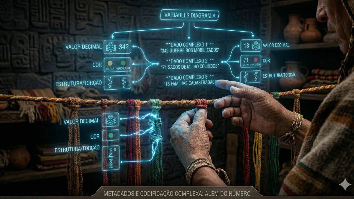 Diferente de um bit (0 ou 1), o nó inca usava múltiplas dimensões. A cor da corda, o tipo de nó e a direção da torção da fibra adicionavam camadas de contexto (metadados), permitindo registrar narrativas ou informações não numéricas / Ilustração gerada por IA