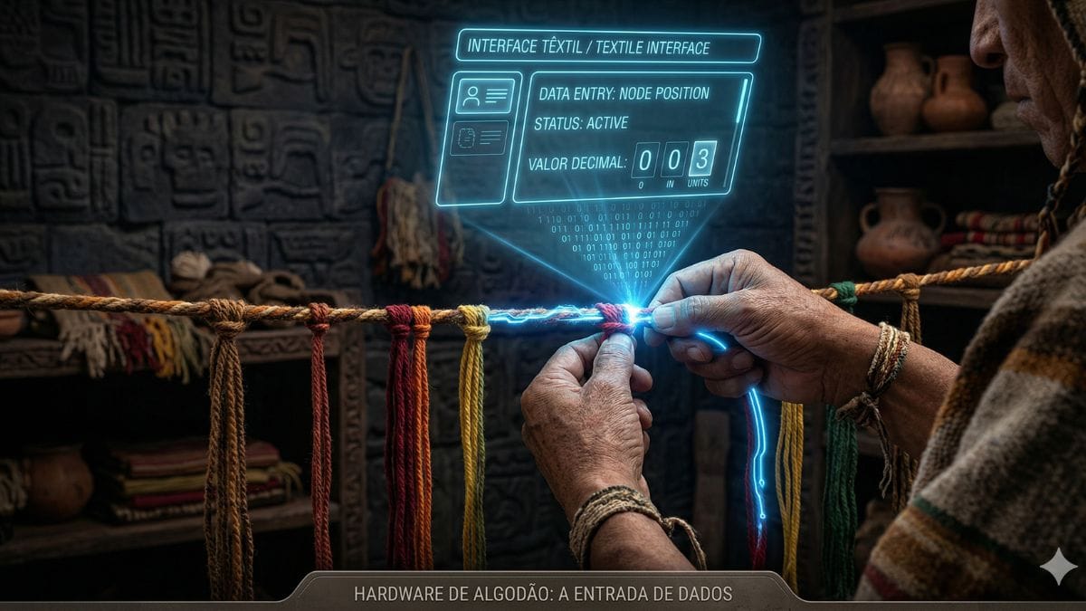 Cada quipu começa com uma corda principal horizontal. As cordas pendentes (as 'portas de entrada') recebem nós que representam números em um sistema decimal posicional (unidades, dezenas, centenas) / Ilustração gerada por IA
