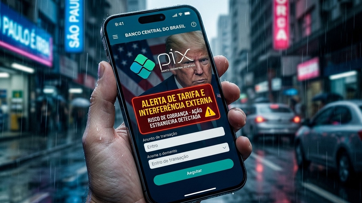Celular de brasileiro mostra tela do Pix com o rosto de Trump e o alerta de interferência estrangeira