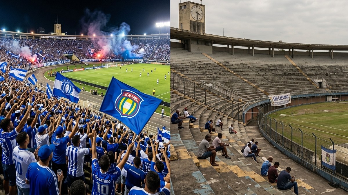 O contraste do São Caetano em 2002 com o clube nos dias atuais: tristeza e preocupação com o futuro