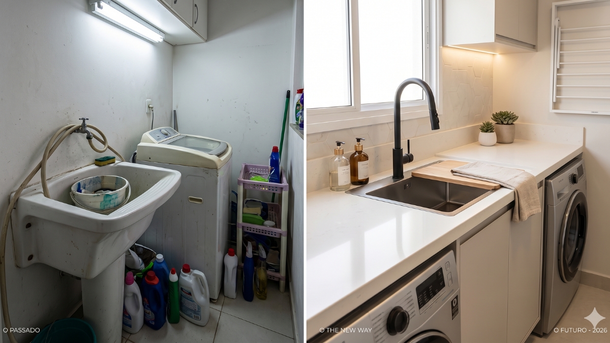 A lavanderia, antes um cômodo espaçoso e separado, hoje precisa se reinventar para caber em áreas cada vez mais compactas